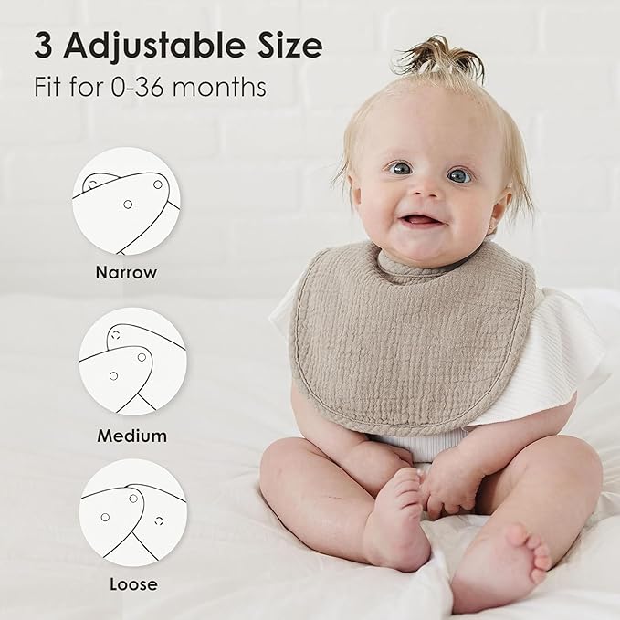 MairMore 8-Pack Baby Muslin Bibs, Soft Cotton Drool Bibs for Boys Girls, Adjustable and Absorbent Newborn Bib Set for Feeding and Drooling