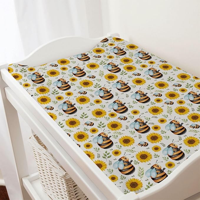 Cute Bees Sunflowers Leaves Changing Pad Cover Bees Boho Floral Diaper Change Table Pad Covers for Girls or Boys Soft Breathable Stretchy Snug Fitted Changing Sheets Mats Cover 32''x16''