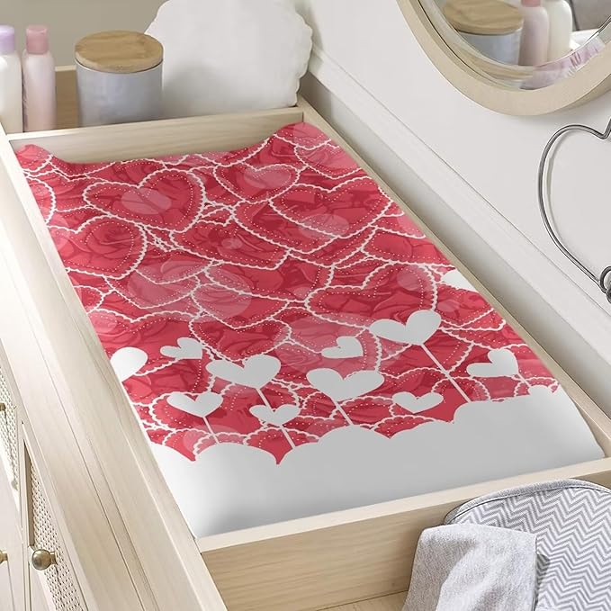 Heart Valentine Changing Table Cover for Boys Girls Waterproof Breathable Sheet Crib Mat Stain Resistant Table Sheets Stretchy Diaper Changing Cover