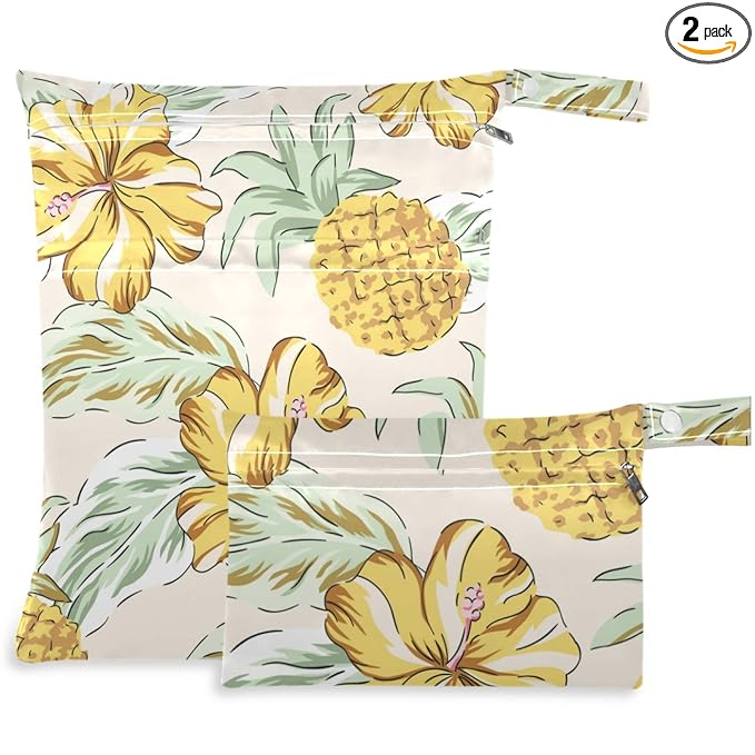 visesunny Tropical Yellow Pineapple and Flower 2Pcs Wet Bag with Zippered Pockets Washable Reusable Roomy for Travel,Beach,Pool,Daycare,Stroller,Diapers,Dirty Gym Clothes, Wet Swimsuits, Toiletries
