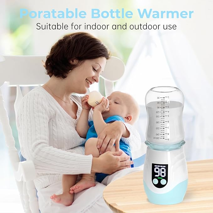 Portable Bottle Warmer for Travel, Cordless Baby Bottle Warmer, Rechargeable Bottle Warmer with 8 Adapters, 1 Milk Powder Container, Compatible with Most Bottle, Fast Heating, Blue