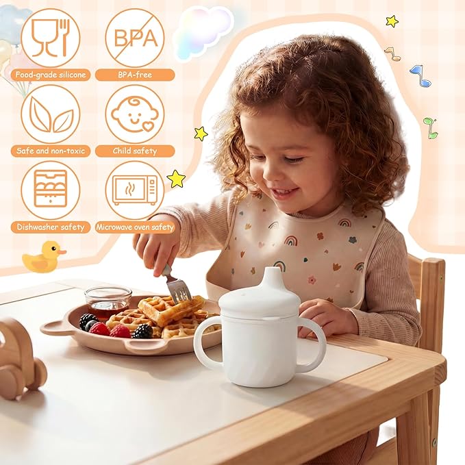 8 oz 3 in 1 Silicone Baby Sippy Cups & Snack Cups with Lid Straw for Toddlers 1-3 Spill Proof Stainless Steel Snack Containers Food Catcher for Baby Toddler Drinking Training(Beige)