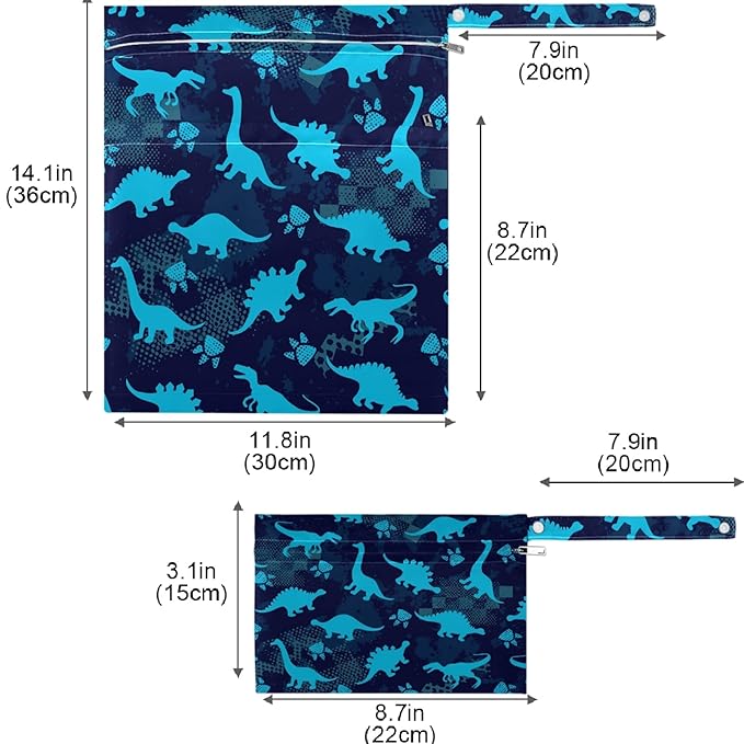 visesunny Blue Dinosaur Footprint 2Pcs Wet Bag with Zippered Pockets Washable Reusable Roomy for Travel,Beach,Pool,Daycare,Stroller,Diapers,Dirty Gym Clothes, Wet Swimsuits, Toiletries