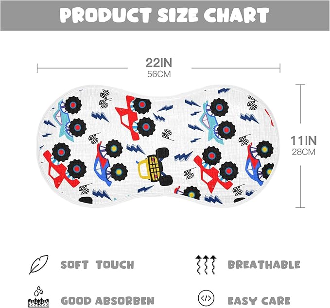vvfelixl Monster Truck Cartoon Burp Cloths for Baby Boy Girls Baby Washcloths Burp Rags 1 Pack