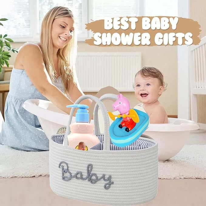 Diaper Caddy Organizer for Changing Table, Cotton Rope Baby Storage Basket for Diaper Wipes, Car Caddy Organizer, Nursery Diaper Organizer With Divider, Portable Diaper Storage -White