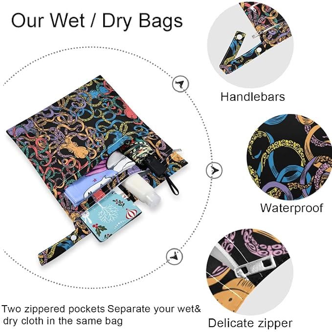 visesunny Colorful Octopus Animal Black Pattern 2Pcs Wet Bag with Zippered Pockets Washable Reusable Roomy for Travel,Beach,Pool,Daycare,Stroller,Diapers,Dirty Gym Clothes, Wet Swimsuits, Toiletries