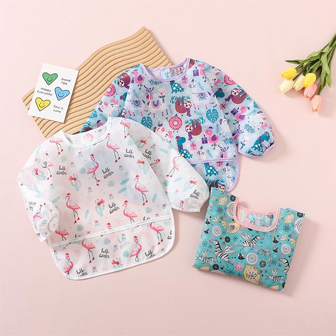 3 Pack Long Sleeve Bib,Baby Smock for Eating 6-30 Months Reusable Shirt Bibs for Babies Toddler