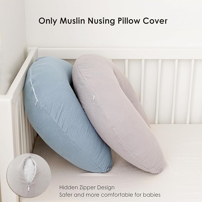 MairMore 2-Pack Muslin Nursing Pillow Covers, Breathable 100% Cotton Breastfeeding Pillow Slipcovers for Standard Nursing Pillows, Soft Covers for Baby Girls and Boys with Zipper