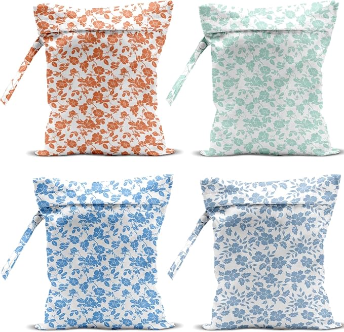 4 Pack Rose Floral Wet Bag Waterproof Washable Reusable Wet Dry Bag for Swimsuit Clothes Cloth Diaper Travel Beach Pool Yoga Gym Toiletries Gift for Women Friend Bestie Birthday Christmas