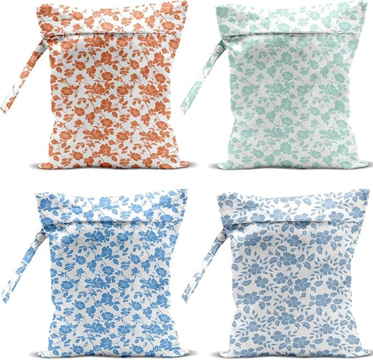 4 Pack Rose Floral Wet Bag Waterproof Washable Reusable Wet Dry Bag for Swimsuit Clothes Cloth Diaper Travel Beach Pool Yoga Gym Toiletries Gift for Women Friend Bestie Birthday Christmas