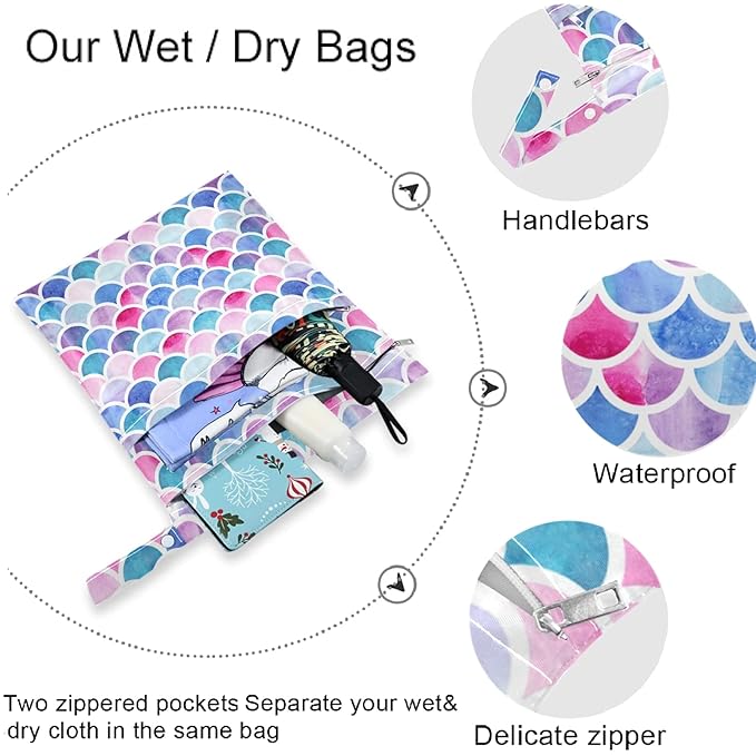 visesunny Mermaid Rainbow Scale 2Pcs Wet Bag with Zippered Pockets Washable Reusable Roomy Diaper Bag for Travel,Beach,Pool,Daycare,Stroller,Diapers,Dirty Gym Clothes,Wet Swimsuits,Toiletries