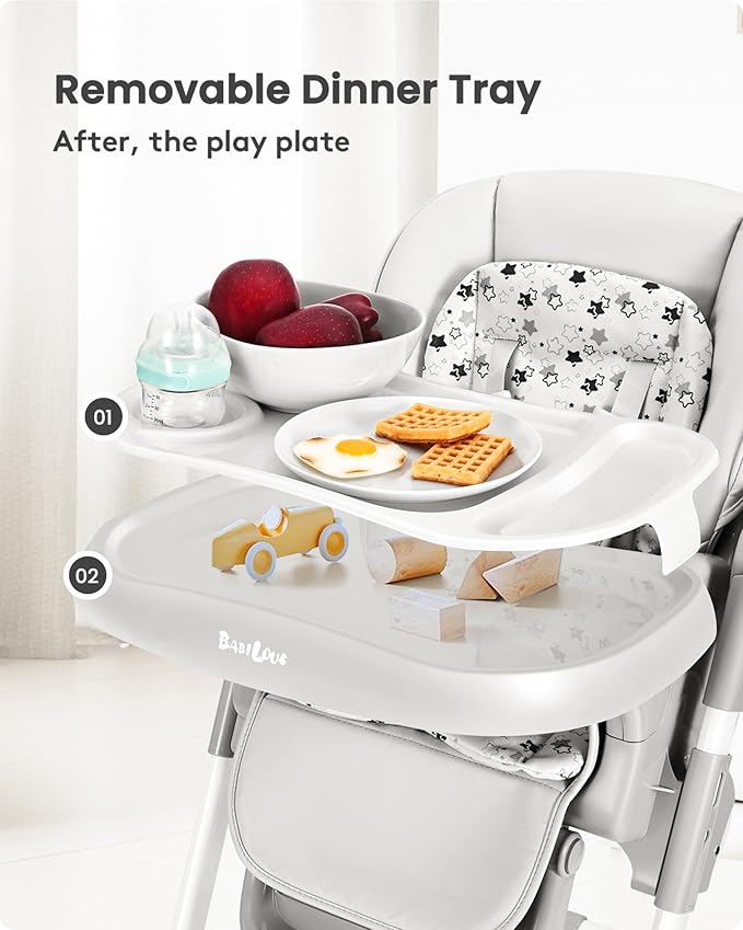 Babilous Foldable High Chair with Soft Cushion, High Chairs for Babies and Toddlers, Height Adjustable Feeding Chair, Adjustable Backrest and Footrest, Lockable Wheels, Star Gray