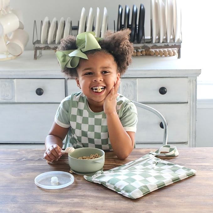 BapronBaby Floral/Nature Wet Dry Bag - Waterproof Two Zipper Pockets - Reusable for Mealtime, Diapers, Stroller, Snacks, Swimsuits 11" x 9" (Sage Checkerboard, 11" x 9")