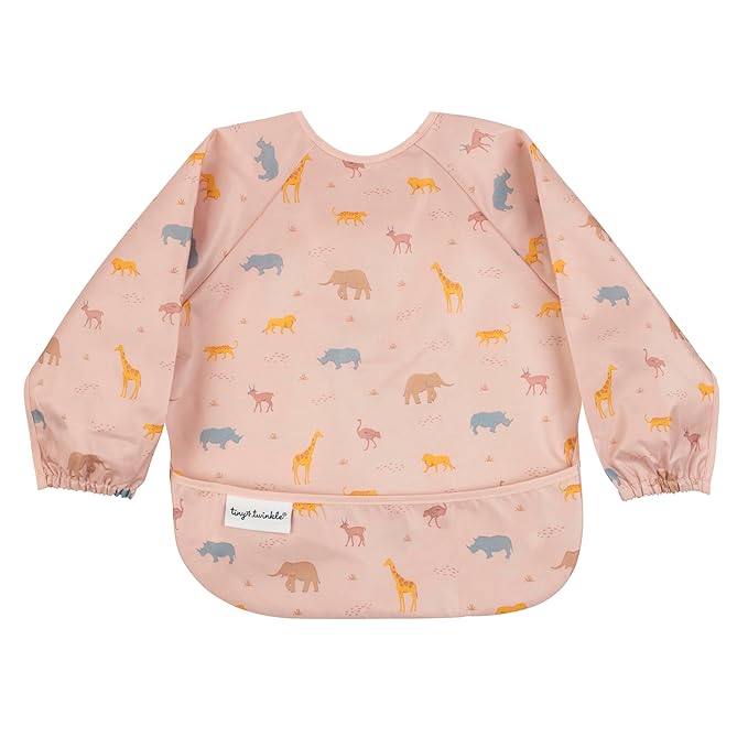 Tiny Twinkle Long Sleeve Bib for Babies & Toddlers | Waterproof Smock Bib for Eating | Machine Washable & Mess-Proof Feeding Essentials | Newborn Shower Gift (Petite Safari, 2-4Y)