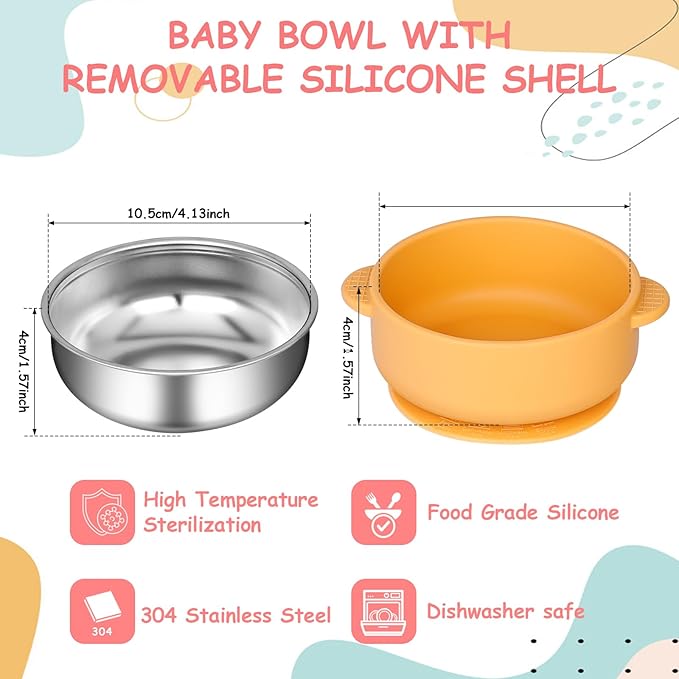 6 Pack 304 Stainless Steel Baby Bowls with Removable Non-Slip Silicone Shell, Suction Bowls for Baby, Scald-Resistant Food Containers, for Kids, Babies Food Feeding（6 Colors）