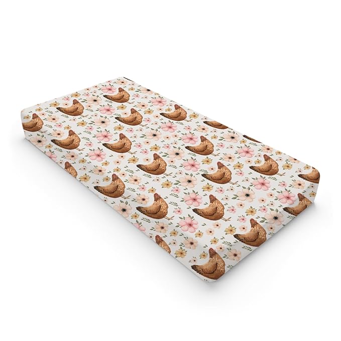 Vintage Hens Chicken Boho Floral Changing Pad Cover Farm Animals Change Table Pad Cover for Baby Boys Girls Soft Breathable Stretchy Snug Fitted Baby Diaper Changing Mat Sheets Cover 32''x16''