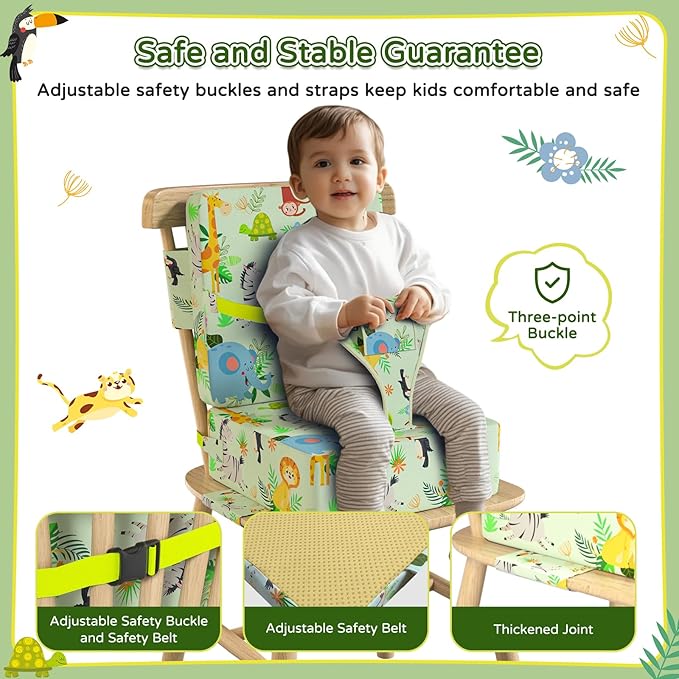Booster Seat for Kitchen Chair with Backrest & 4 Adjustable Straps, Portable TPU Waterproof & Anti-Scratch Toddler Booster Seat for Dining Table, Removable & Non-Slip
