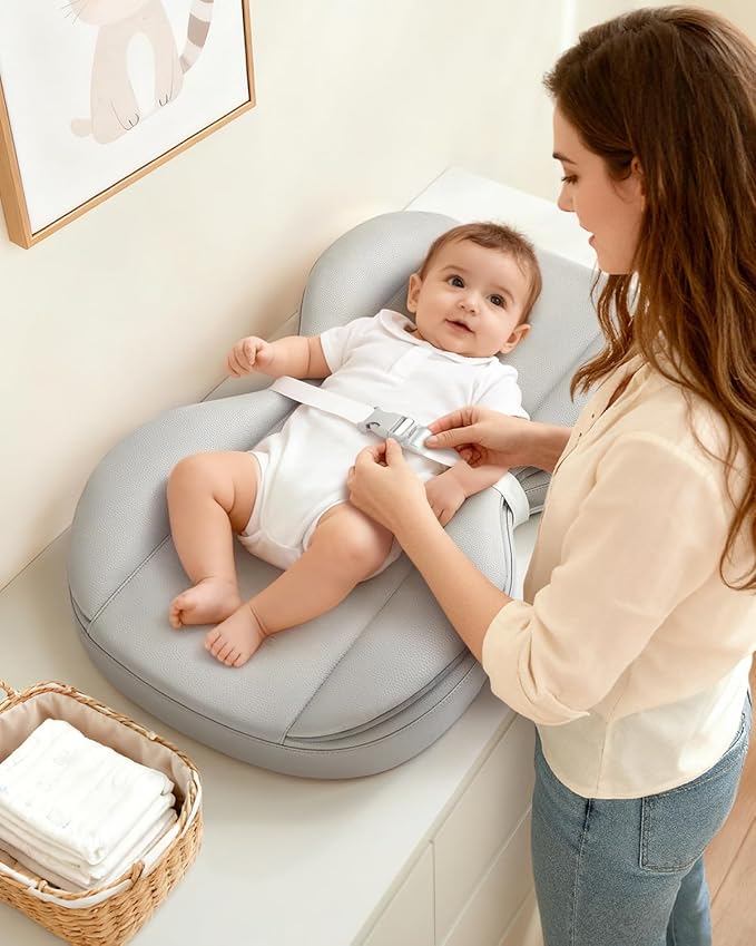 Baby Changing Pad, Waterproof Wipe-Clean PU Leather with High-Density Foam, Non-Slip Raised Edge Contour with Adjustable Safety Strap, for Dresser & Changing Table, 28"×16", Gray
