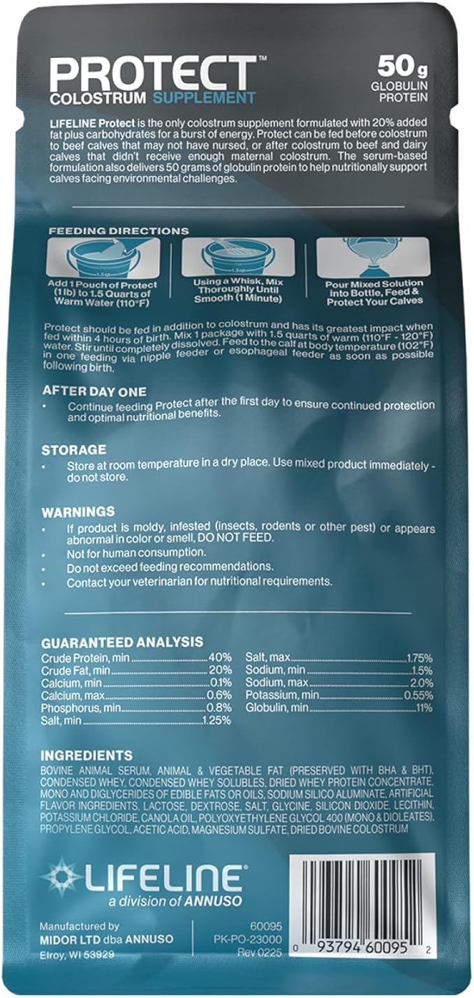 ANNUSO LIFELINE Protect Colostrum Supplement for Calves, 1lb Bag - 50g Globulin Protein per Feeding - 20% Added Fat and Carbohydrates - Immune and Energy Support for Newborn Calves