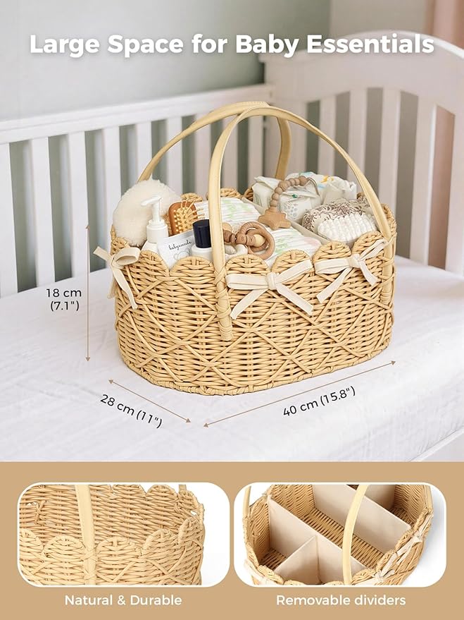Diaper Caddy Organizer, Hand Rattan Scalloped Diaper Caddy Changing Table Organizer, Wicker Nursery Bakset Picnic Basket Household Organizer, Beige TB31