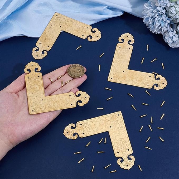 PH PandaHall 4pcs Embossing Decorative Corner Protectors 3.5x3.5inch L-Shape Guard Edge Cover Gold Flat Trim with Screws for Classical Furniture Tables Box Cabinet Chairs Cabinet Jewellery Boxes Cases