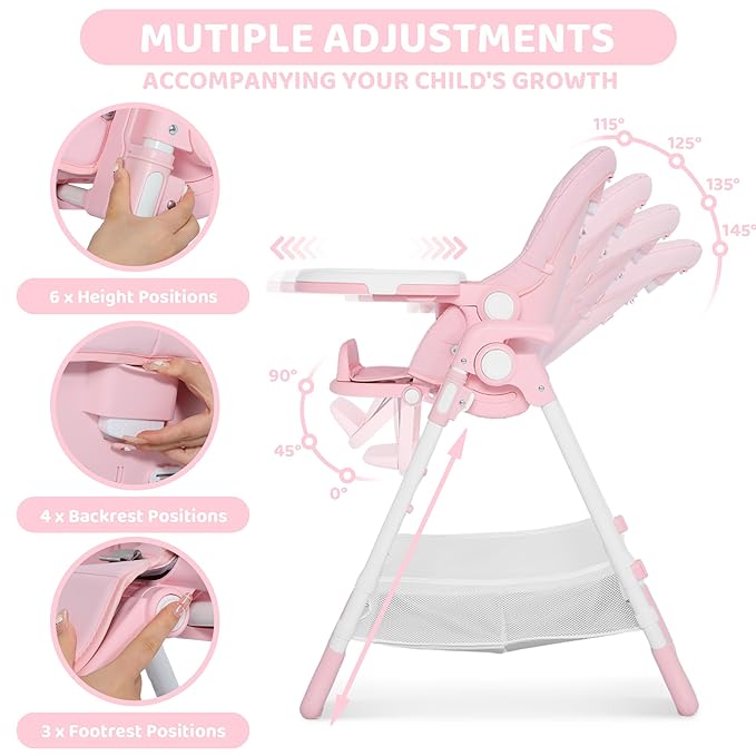TODEFULL 3 in 1 Foldable Baby High Chair, Infant High Chairs for Babies and Toddlers, 6 Height & 4 Recline Adjustable Toddler Feeding Chair, 2 Built-in Wheels, Large Storage Space, Pink