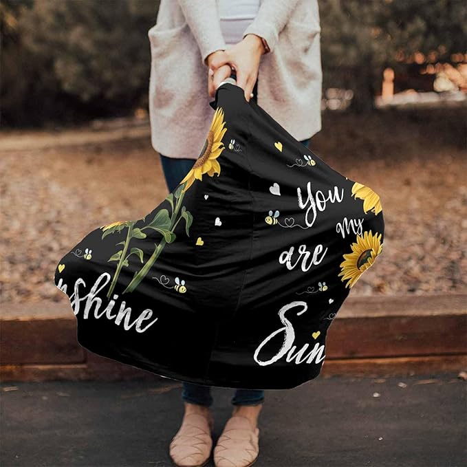 Sunflowers Car Seat Covers for Babies Boy Girl Capony Covers You're My Sunshine Nursing Cover Breastfeeding Scarf Breathable Stretchy Coverage, Floral Bees Black Infant Stroller Cover Shopping Cart