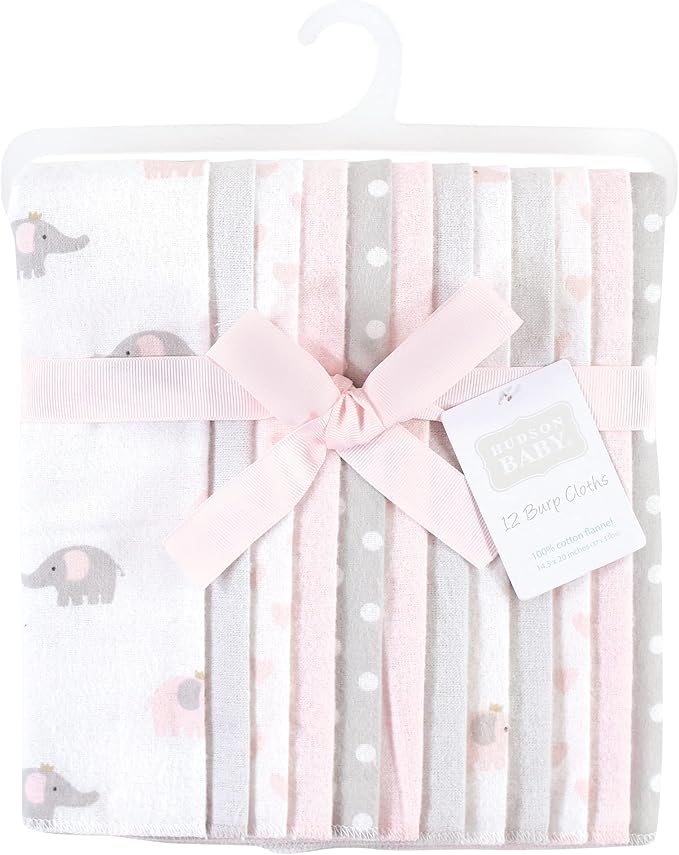 Hudson Baby Unisex Baby Cotton Flannel Burp Cloths Bundle, Pink Gray Elephant, One Size