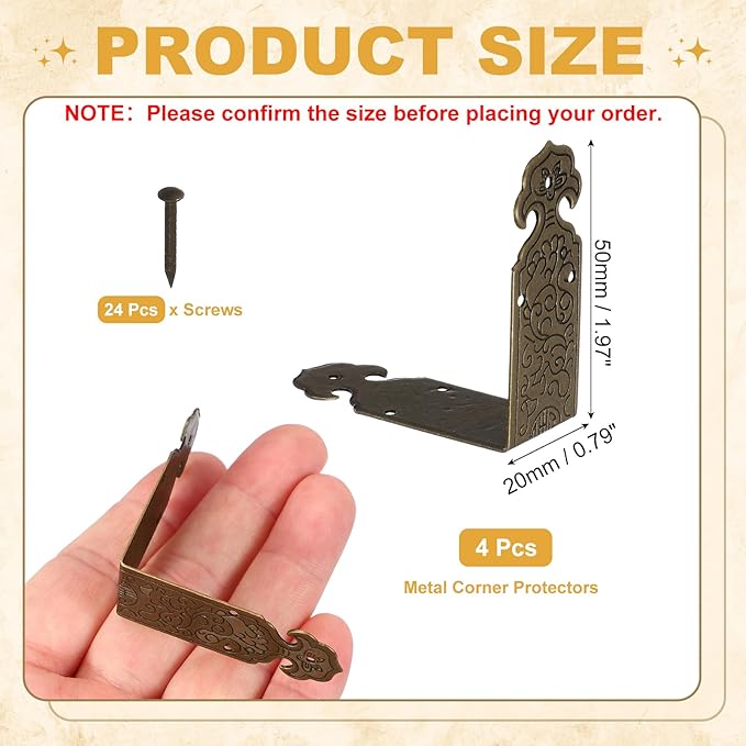 uxcell 4Pcs L Shaped Vintage Embossing Brass Decorative Corner 2 x 0.8 Inch Corner Protector with Mounting Nails Box Edge Guard Retro for Cabinets Furniture Decorative (Bronze)