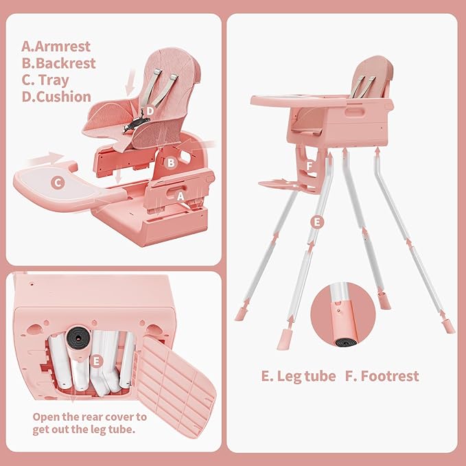 Portable High Chairs for Babies and Toddlers, Convertible Baby Feeding Chair with Tray, Easy Clean High Chair for Toddler with Foot Rest, Infant Highchairs & Booster Seats with Cushion Pink