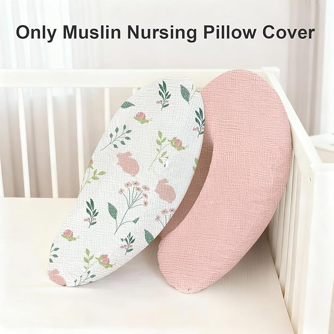 Little Grape Land Muslin Nursing Pillow Covers 2 Pack, 100% Cotton Removable Breastfeeding Pillow Covers, Feeding Pillow Slipcovers for Baby Boys & Girls, (Bunny & Pink)