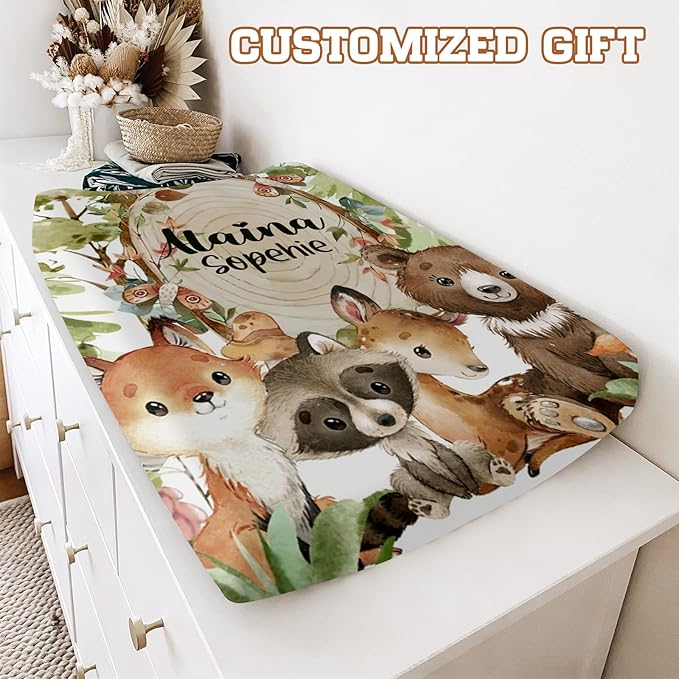 Personalized Baby Changing Pad Cover - 2 Piece Baby Pee Pad Cover Nursery Bedding with Name, Portable Animal Pattern Diaper Changing Pad Gifts for Infant