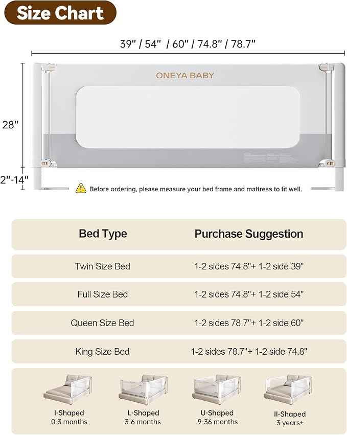 Bed Rail for Toddlers, Thickened & Reinforced Baby Bed Rail Guard for Twin Bed with Double Child Lock, Upgraded Toddler Bedrails with Height Adjustable, White/Grey, 1Side 39" Lx28 H
