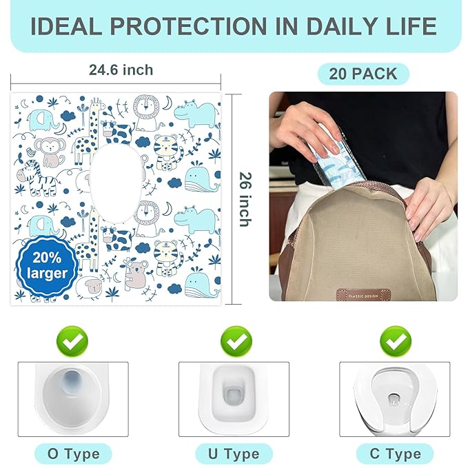 20 Pack Toilet Seat Covers Disposable, Extra Large Toilet Potty Covers for Kids & Adults, Individually Wrapped - Travel Essential, Toddler Potty Training for Trip, Airplane Public Restroom (Animal-A)