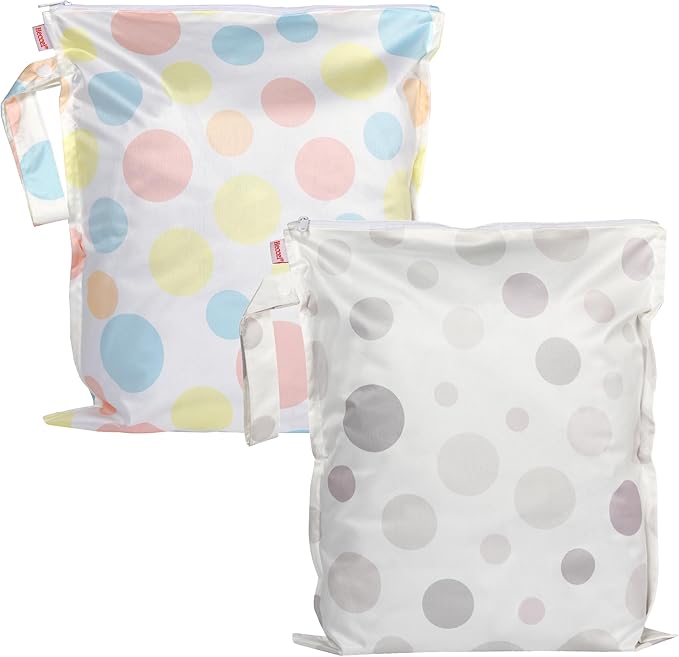 HECCEI Wet Dry Bag, 2-Pack Reusable Waterproof Wet Bags for Swimsuits & Baby Clothes, Leakproof Cloth Diaper Wet Bags for Travel & Diaper Changes (Bubble Play)