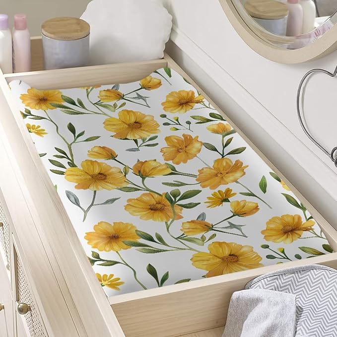 Yellow Flowers Changing Pad Cover Soft Waterproof Nursery Pad Change Cover Lightweight Cozy Stretchy Changing Table Cover for Boys Girls