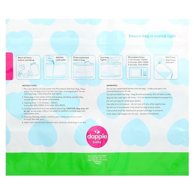 Dapple Baby Microwave Sterilizer Bags, Reusable for Breast Pump Parts & Baby Bottle, 20 Uses Per Bag, Great for Travel & Office, 8 Count (Pack of 1)