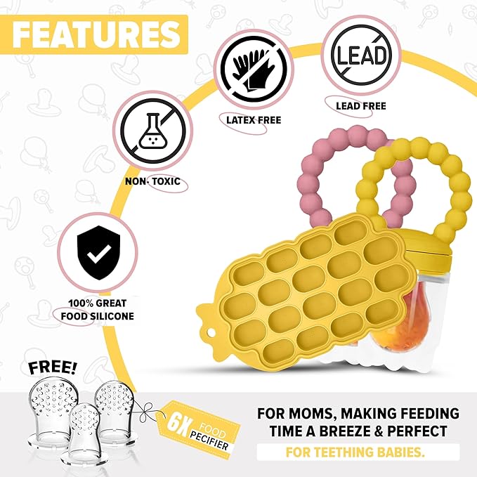 O’doe Silicone Baby Popsicle Molds & 2 Baby Food Feeders with 1 Clip, 1-Pack Freezer Tray with Lid, 18-Hole Popsicle Molds for Teething Relief, Includes 6 Extra Pacifiers, BPA Free
