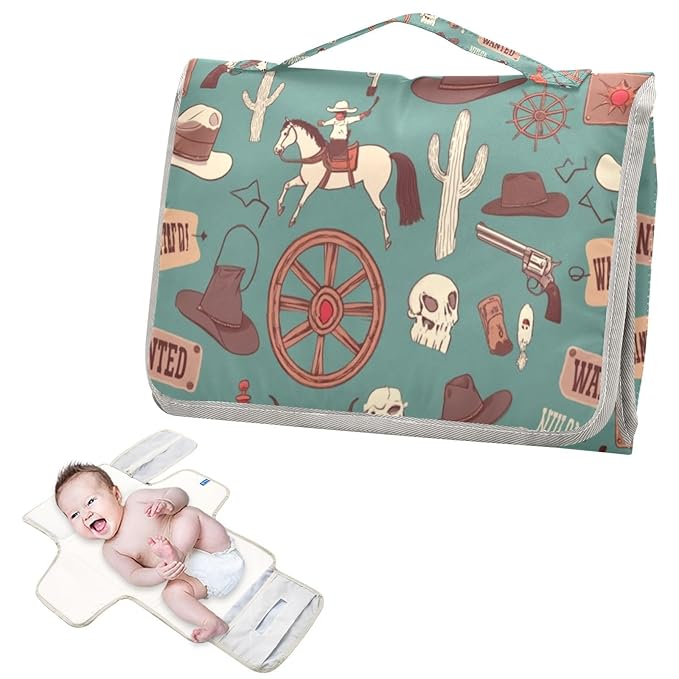 Caikeny Cowboy Teal Blue Baby Portable Changing Pads Wild West Toddler Changing Mat Station Pad Reusable Diaper for Infants Baby Newborn Girls Boys