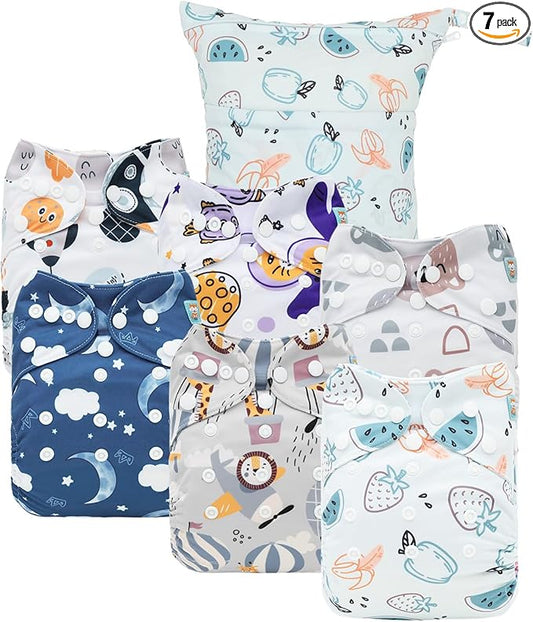 ALVABABY Cloth Diaper Covers 6pcs and 1 Wet Dry Bag, Washable Reusable Diaper Cover with Multi-Functional Bag, Cloth Diaper Shell for Prefold, Flat or Fitted Cloth Diaper Inserts 6NKZ09