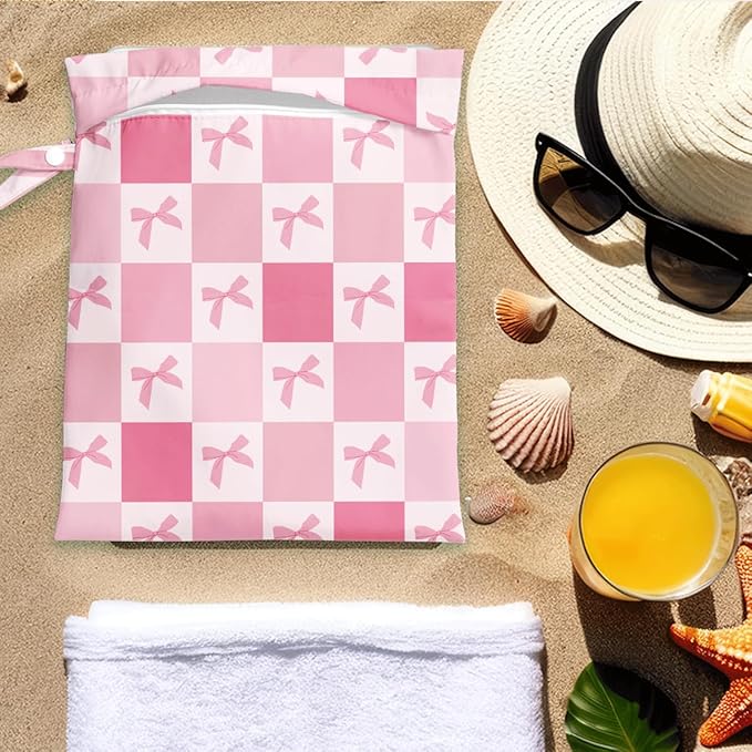 Wet Bag for Swimsuit Pool Travel Baby Cloth Diapers Dirty Yoga Gym Clothes Beach Bags Summer Gifts for Women Men Beach Vacation Essentials Pink Bow Checker Waterproof Wet Dry Bag Travel Laundry Bags