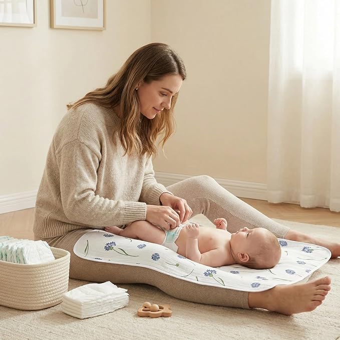 Baby Diaper Changing Pad, 19.7"x25.6" Waterproof Changing Pad Liners with 100% Muslin Cotton Front Top and Leather Back, Soft and Absorbent Portable Changing Mat for Travel, Changing Station