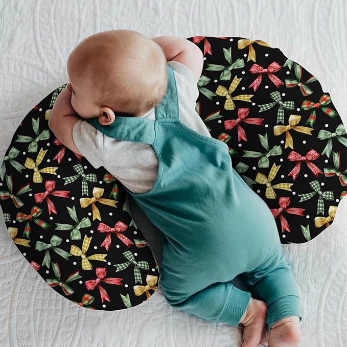 Christmas Bows Baby Nursing Pillow Covers for Boy Girl Winter Bows Plaids Nursing Pillow Slipcovers for Breastfeeding Pillows Girly Christmas Ribbons Soft Stretchy Removable Covers for Newborn Infant