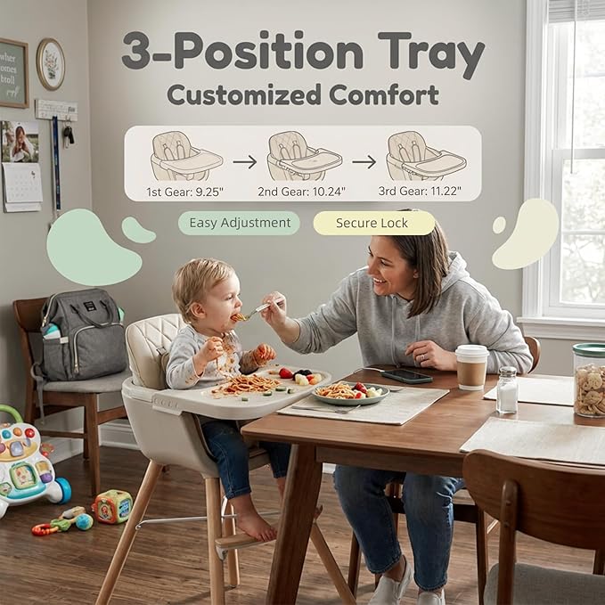 Mallify 3-in-1 Wooden High Chair, Convertible High Chairs for Babies and Toddlers, Baby Highchair with Adjustable Legs & Dishwasher-Safe Tray, Sleek Hardwood & Premium PU Cushion, Beige