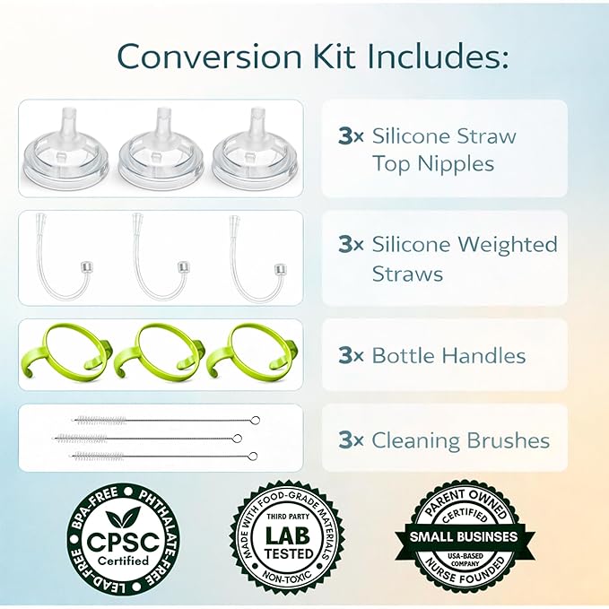 Straw Cup Conversion Kit for Comotomo Baby Bottles 3-Count, Soft Food Grade Silicone Straw Spout Nipples, All Silicone Weighted Straw, Green Bottle Handles and Cleaning Brush, BPA Free, 6+ Months