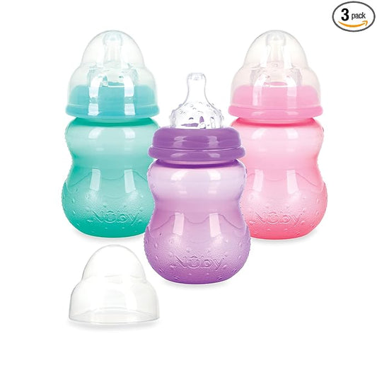 Nuby Wide Neck Non-Drip Bottle - Baby Bottles with Anti-Colic Vari-Flo Valve - (3-Pack) 8 Oz - 0+ Months - Aqua, Pink, Purple
