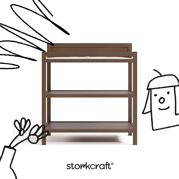 Storkcraft Alpine Changing Table (Hazelnut) - Includes Water Resistant Changing Pad with Safety Strap, 2 Open Shelves for Storage