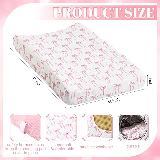 Frienda 2 Pack Pink Changing Pad Covers Waterproof Pink Bow Muslin Changing Pad Covers 32 x 16 Inch Coquette Quilted Cotton Fitted Diaper Sheet Breathable Extra Thick Sheets for Girls