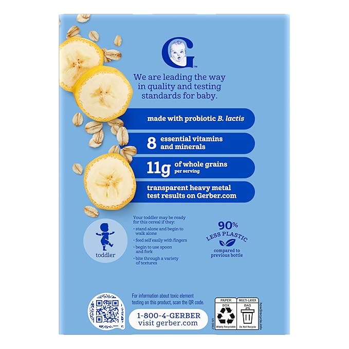 GERBER CEREAL FOR BABY GRAIN AND GROW Toddler Oatmeal Banana Probiotic BL 5x8oz