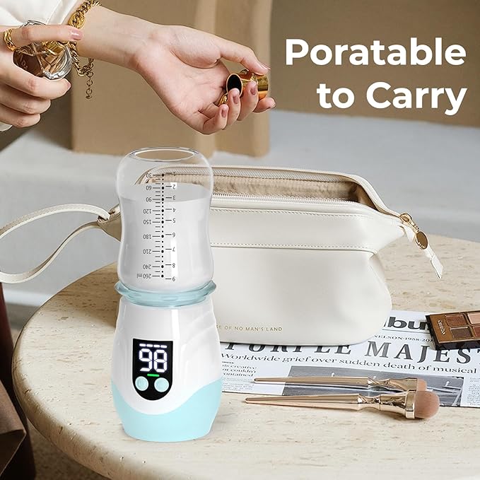 Portable Bottle Warmer for Travel, Cordless Baby Bottle Warmer, Rechargeable Bottle Warmer with 8 Adapters, 1 Milk Powder Container, Compatible with Most Bottle, Fast Heating, Blue